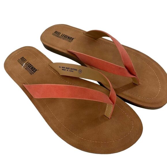 Reel Legends Thong Flip Flops Womens Size 11 Coral Orange Faux Leather Casual - Picture 2 of 6